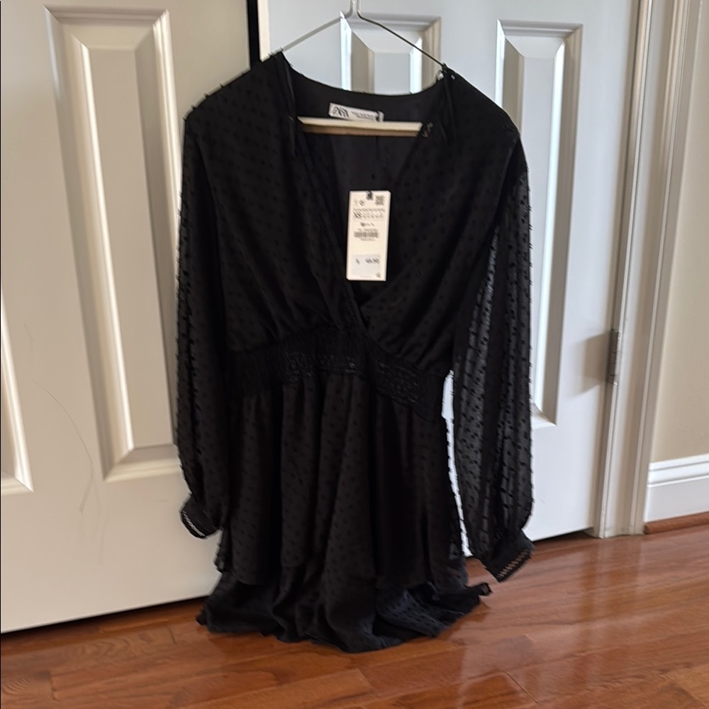 Zara Textured Black V-Neck Dress